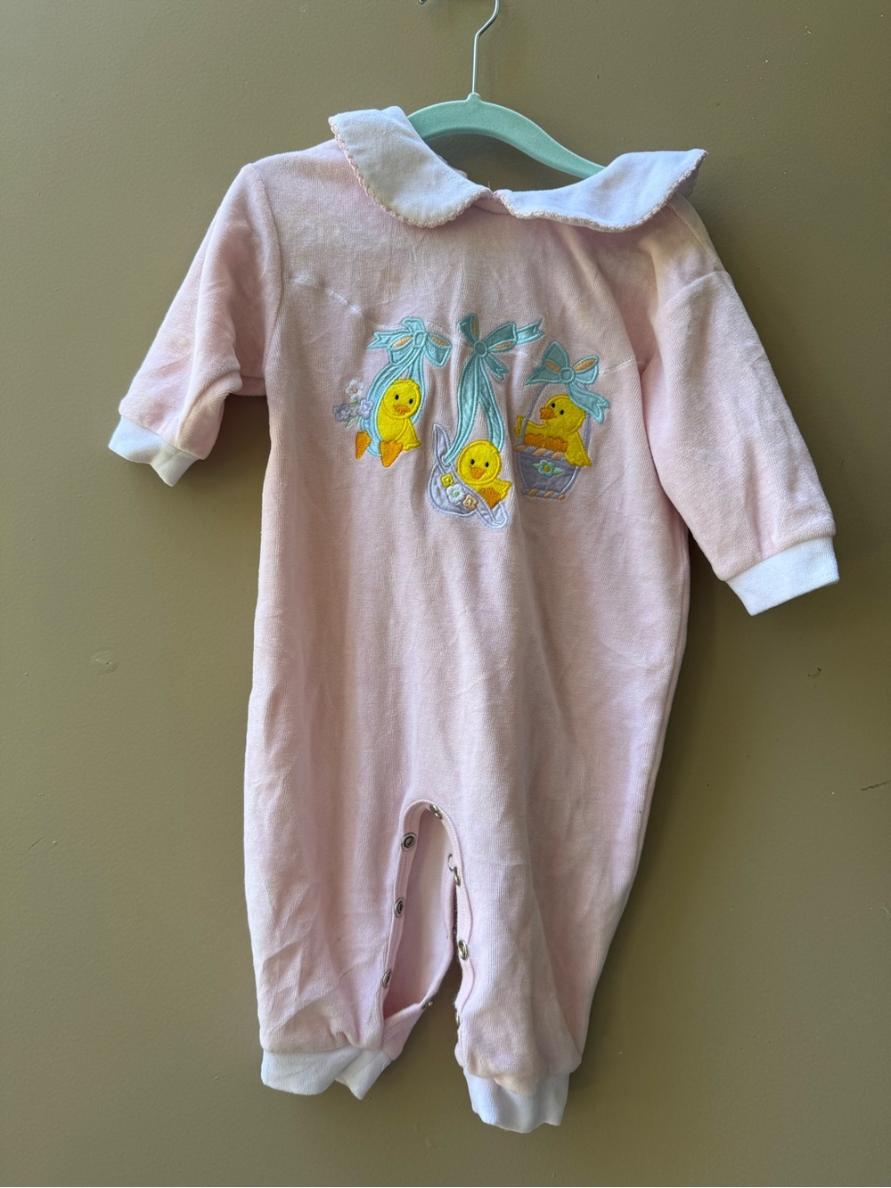 Vintage 90s Easter Pink Baby One-Piece Romper with Chick Embroidery